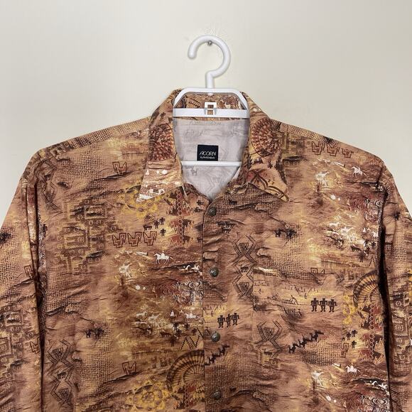 Vtg ACORN Bob Goldfeder Aztec Tribal Cave Drawing All Over Print Western Shirt L - Picture 2 of 10